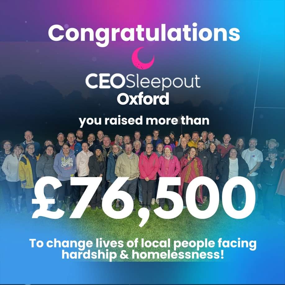 Congratulations CEO Sleepout Oxford. You raised more than £76,500 to change lives of local people facing hardship and homelessness. Graphic with photo of gathered participants behind the words.