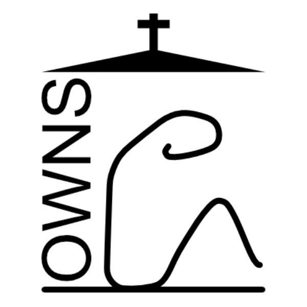 The letters O W N S under a roof with a line drawing of a person sheltering