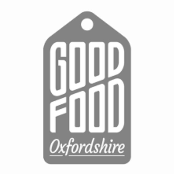 The words Good Food Oxfordshire on a tag in a retro kitchen style