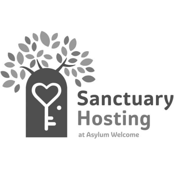 Tree in leaf over a door with a heart symbol and a key symbol. The words say Sanctuary Hosting at Asylum Welcome.